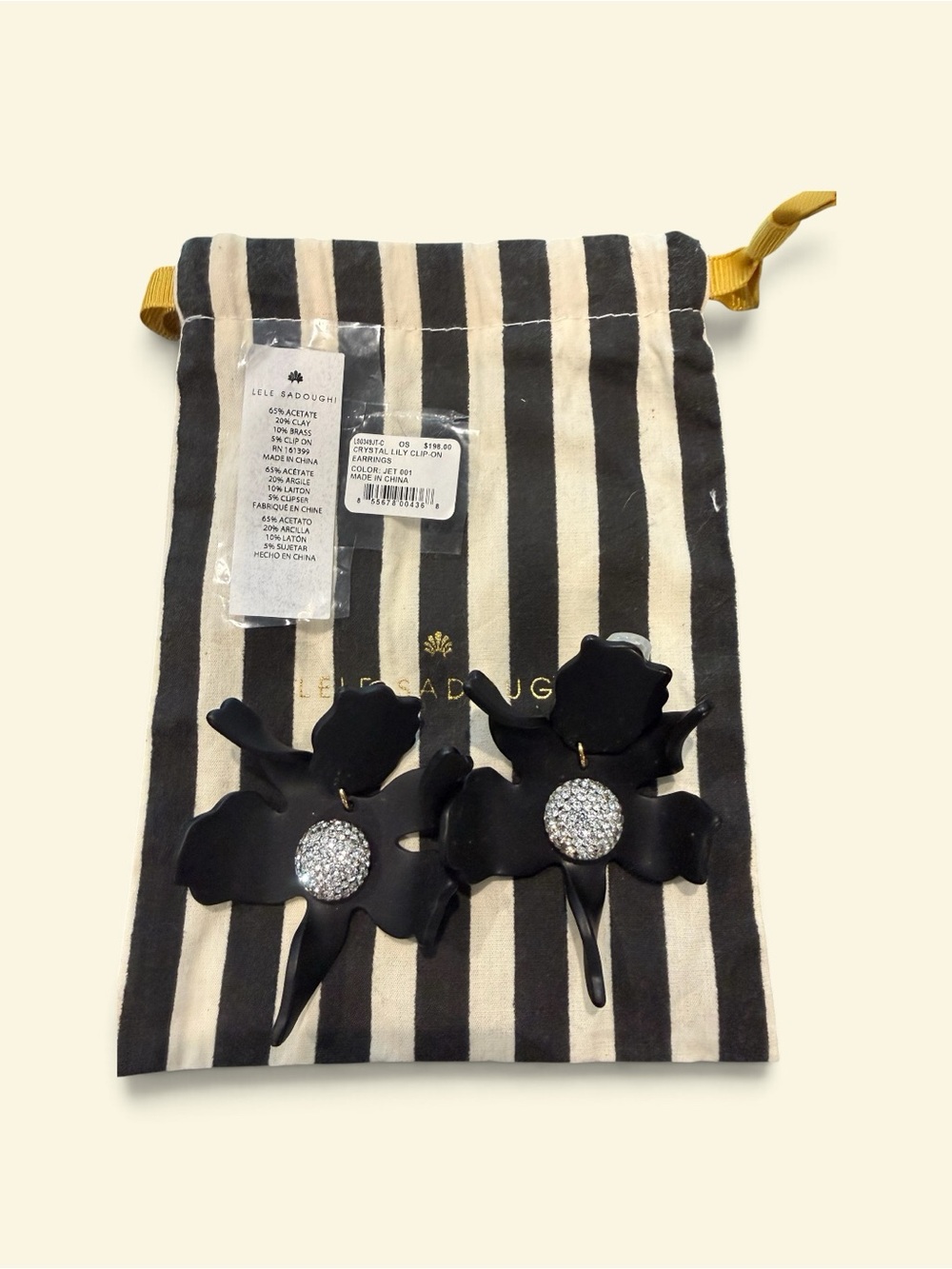 NWT Lele Sadoughi Crystal Lily Clip-On Drop Earrings Jet Black Floral $198